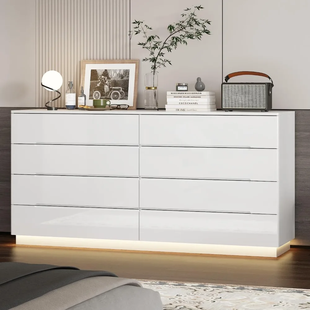 Dresser with LED Lights and Glossy Surface,  Large Dressers & Chests of Drawers Storage Tower Organizer