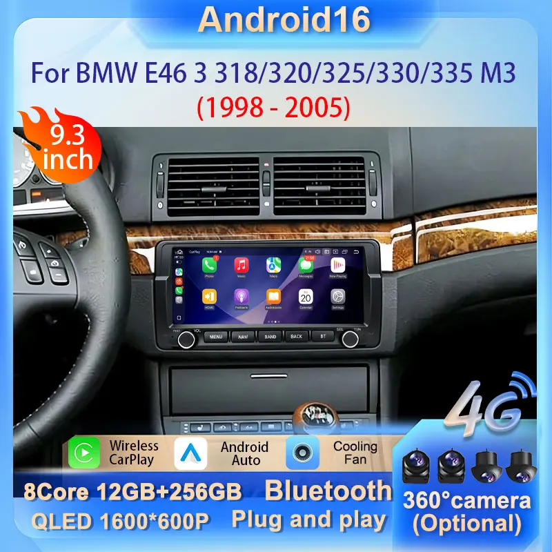 9,3 Zoll für BMW E46 3 318/320/325/330/335 M3 1998 - 2005 Kabelloses Carplay Autoradio Stereo Multimedia WiFi 4G BT 2K QLED Player