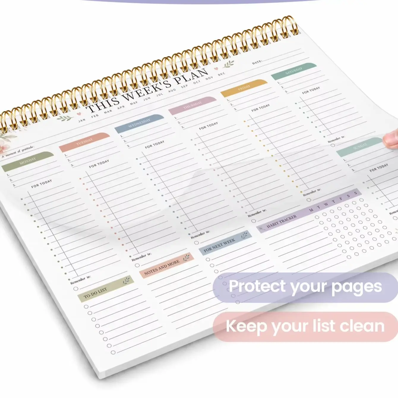 Undated Weekly Planner, 52 Easy-Tear Pages, Habit Tracker & To-Do List, 100GSM Gold Spiral Desk Pad for Home Office
