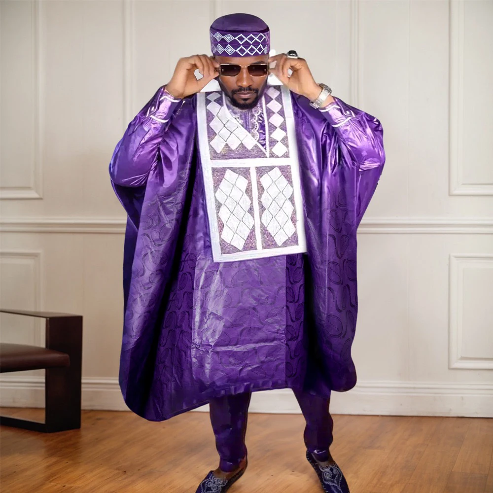

Elegant African Clothes for Men Traditional Dashiki Ankara Embroidery Purple Fashion Muslim Vintage Top Pant Suits Bazin Clothes