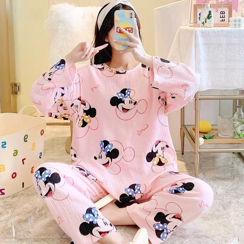 Disney Mickey Mouse autumn new pajamas pure cotton long-sleeved crew neck women\'s pajamas silk pajamas women\'s loungewear set