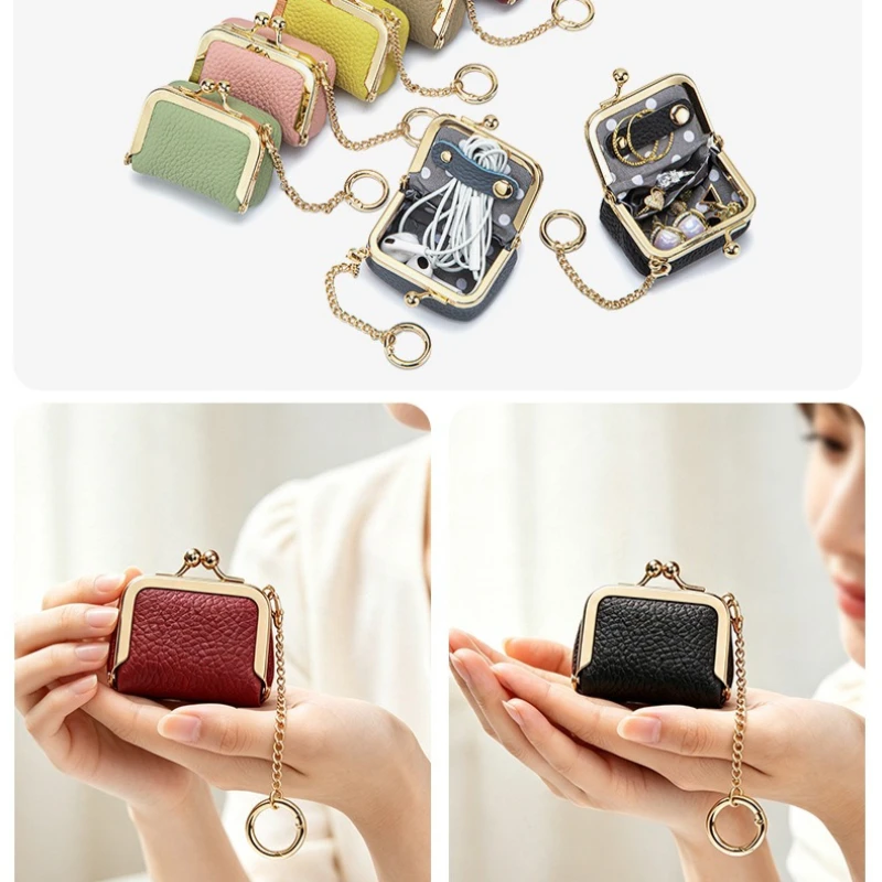 Tiny Women Genuine Leather Clasp Coin Purse Brand Kiss Lock Design with Key Chain Ring Mini Pouch for Jewelry and Loose Change