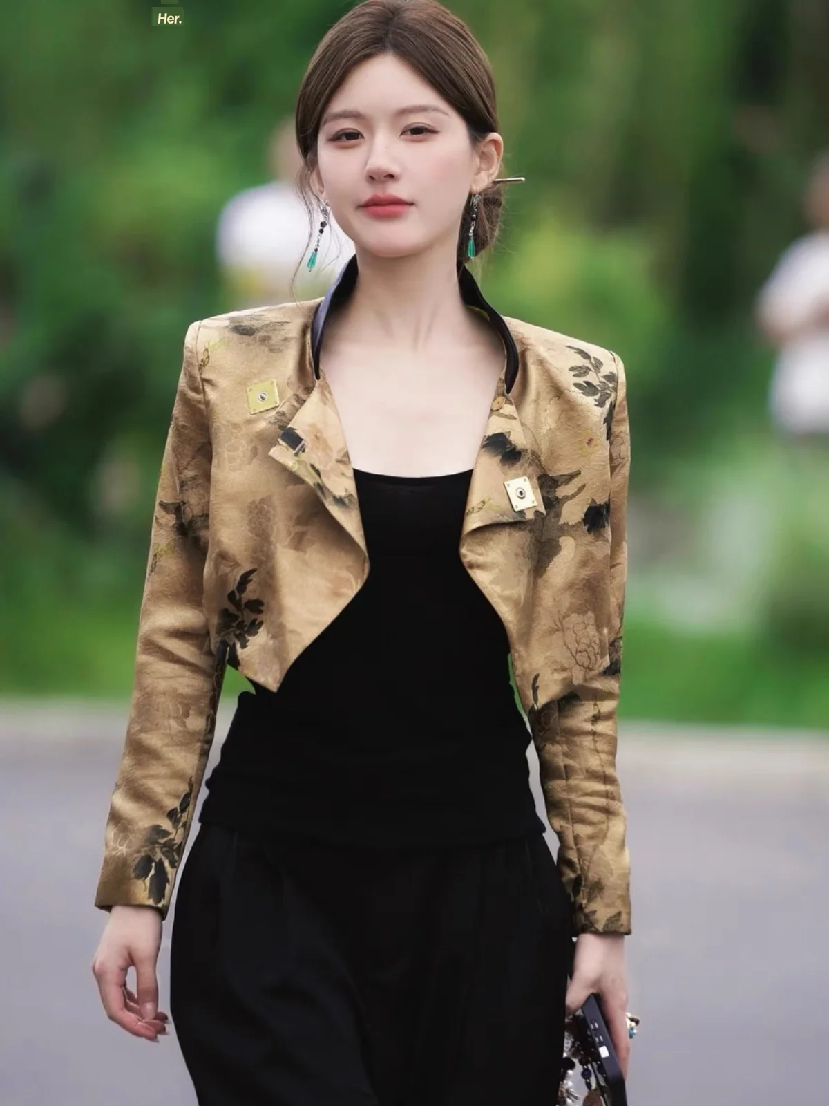 New Chinese Style National Trend Print Jacket Top Short Suit Outerwear Elegant Autumn Season Floral Patterned Button up