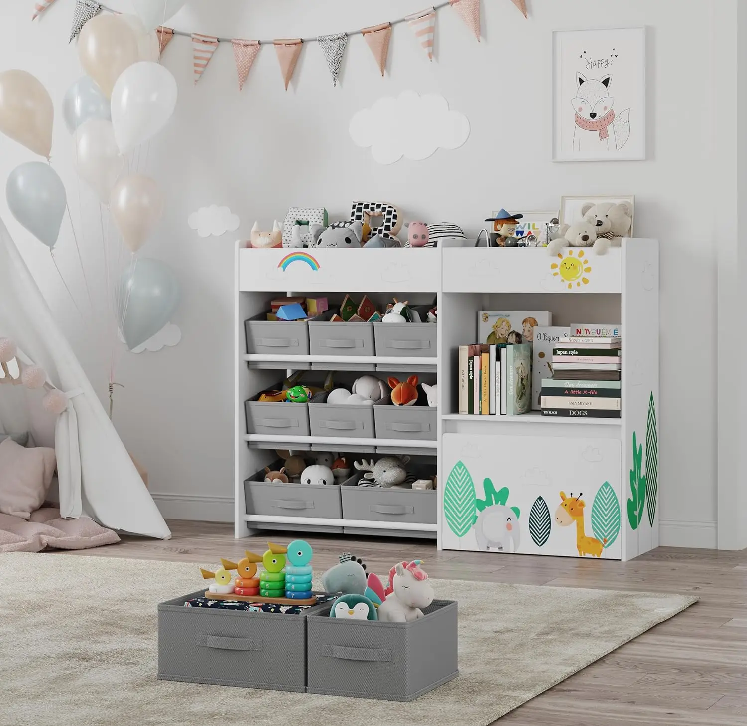 Organizador de armazenamento, estante de brinquedos com 10 caixas de tecido e baú de brinquedo móvel, armário de armazenamento de brinquedos para sala de jogos, quarto, enfermeira