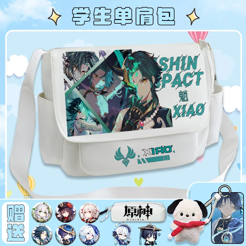 Genshin Impact Scaramouche Anime odznaka torba na ramię czarny biały Messenger kreskówka z przednim zamkiem błyskawicznym odznaki Crossbody