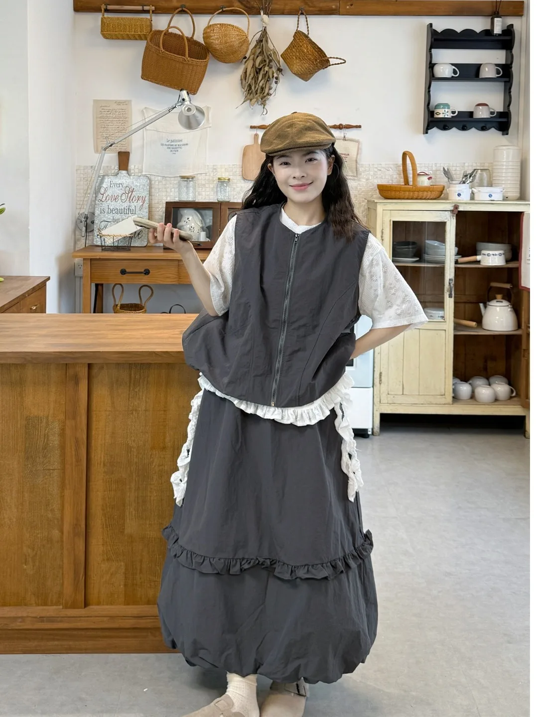 

plus Size Women's Grey Vintage Japanese Style Loose Vest Top And High Waist Half Skirt Set Summer New Fashion Commute Style