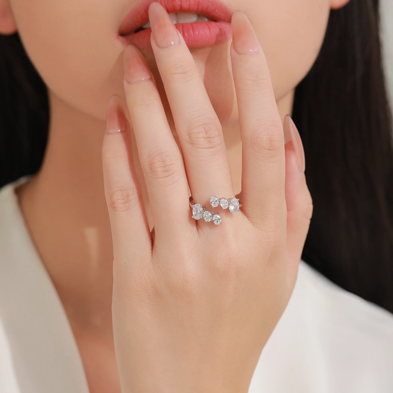 Ailmay Irregular Elliptical Connecting Zircon 925 Sterling Silver Open Adjustable Rings For Women Fashion Jewelry