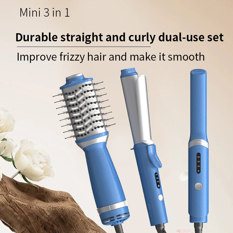SMET Portable MINI 3-in-1 Hair Care Set 120/230V Dual Voltage Electric Hair Dryer Brush PTC Hair Straightener Curling Iron