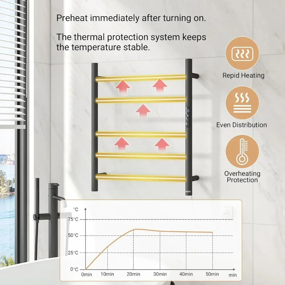 Towel Warmer, 5 Bars Heated Towel Racks for Bathroom, Electric Towel Drying Rack with LED Built-Up Timer, Wall Mounted Plug-in