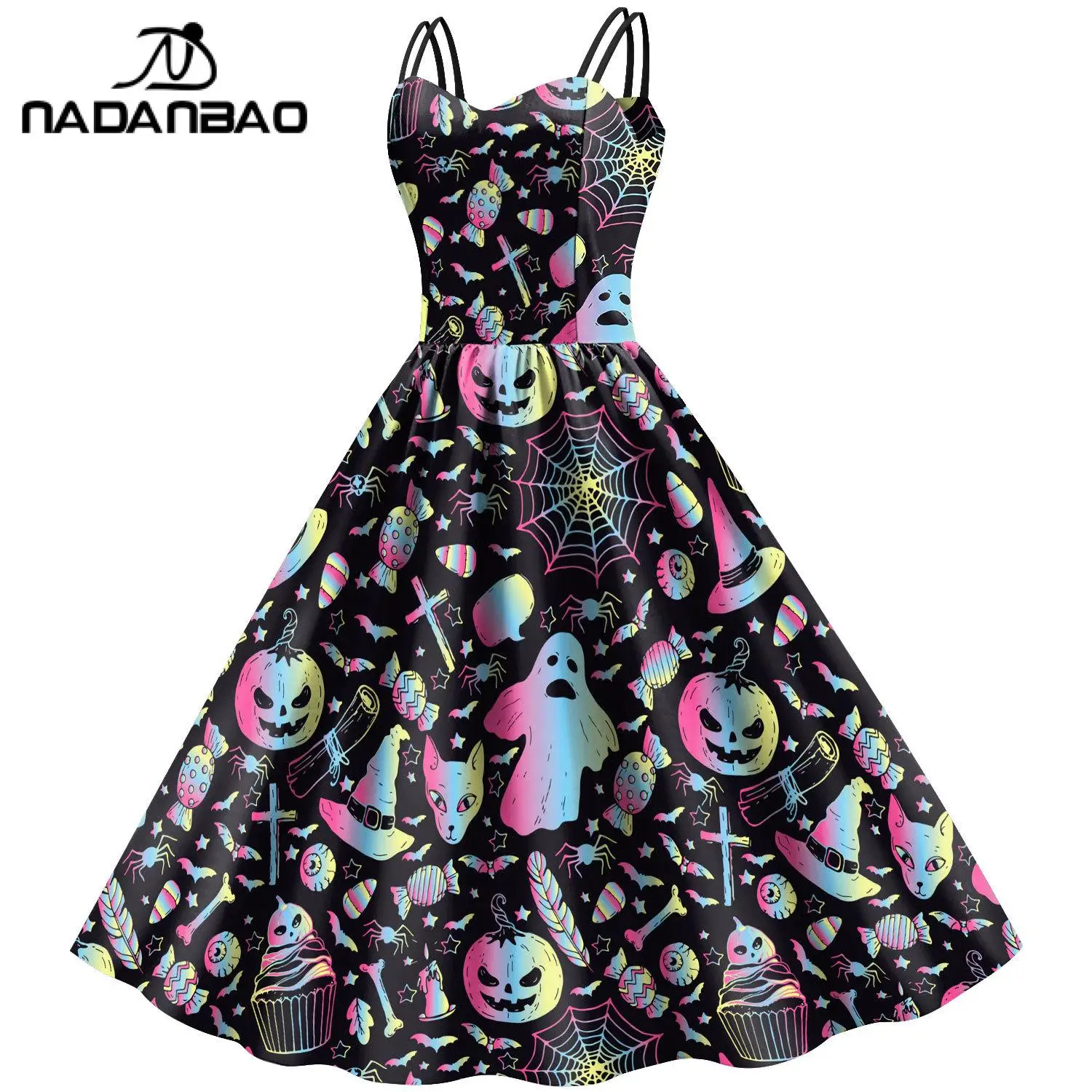 Nadanbao Halloween Funny Holiday Party Dresses Women Black Skull Print Sexy Slip Dress Girls Sleeveless Flounce Slim Costume