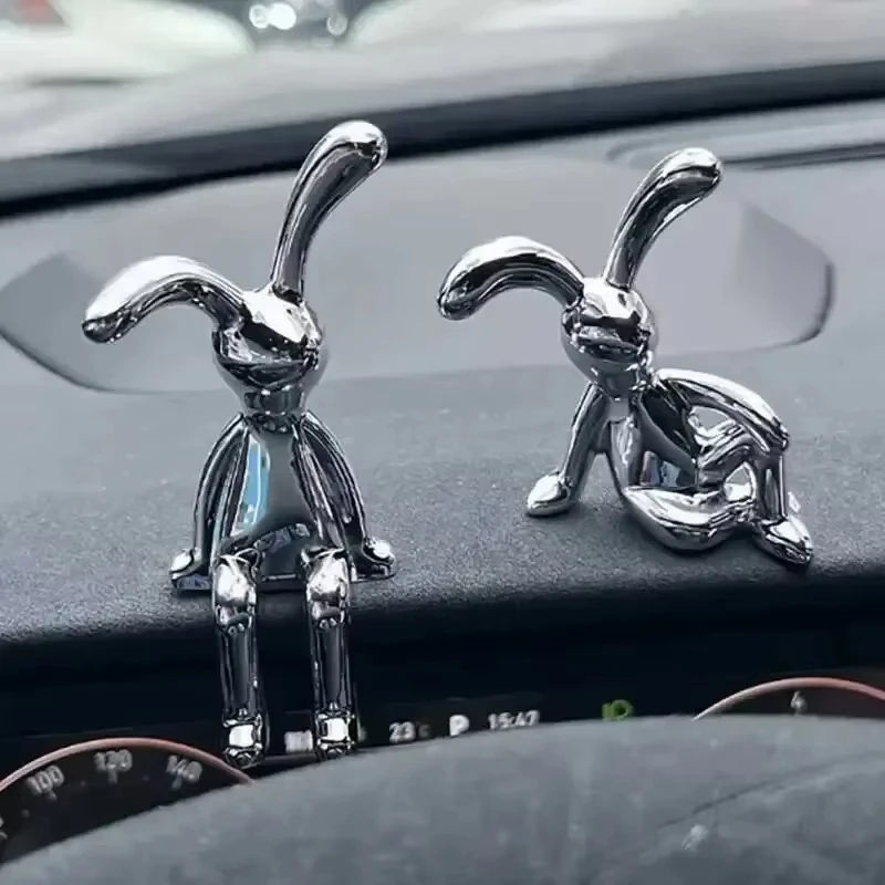 Long-Eared Rabbit Animal Decor Modern Style Cartoon Bunny Sculptures Silver Statue Living Room Car Decoration Ornaments