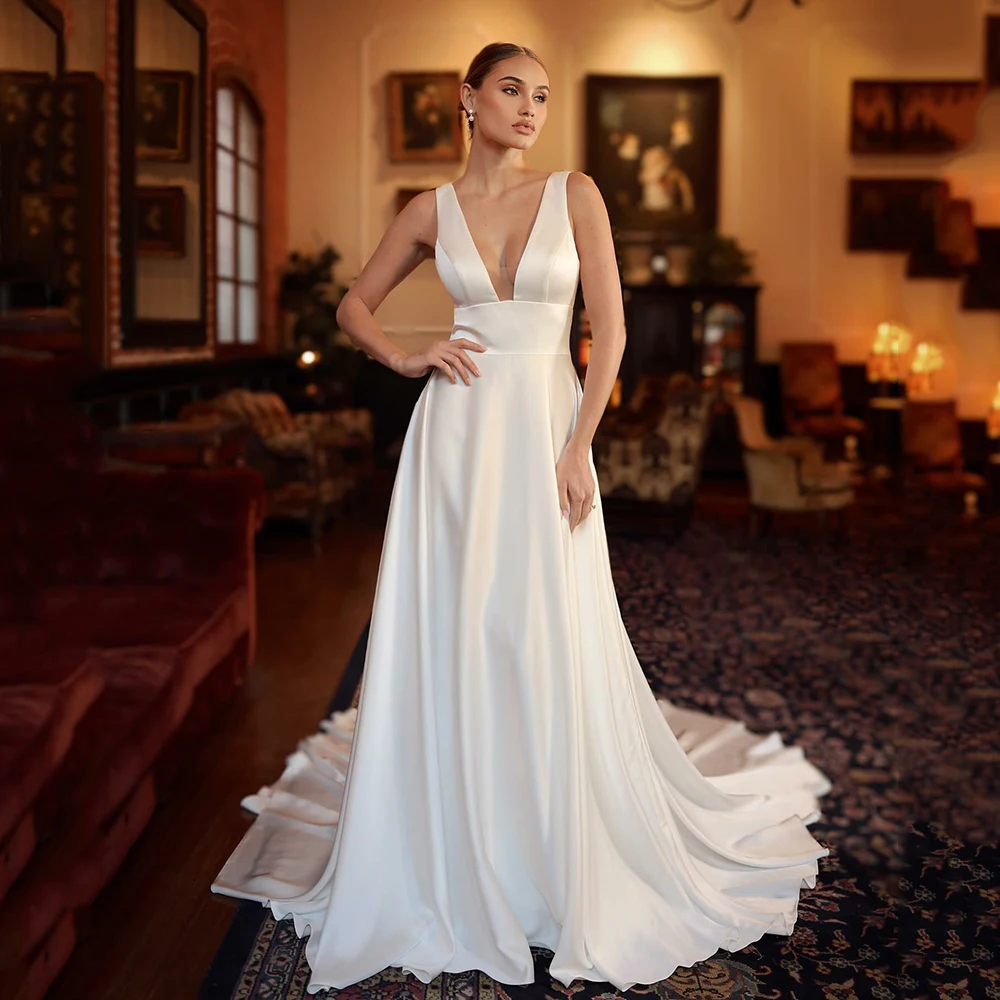 Customized Sexy Satin Wedding Dress A Line Women's Wedding Gown Deep V Neck Sleeveless Open Back Buttons Bride Bridal Dresses