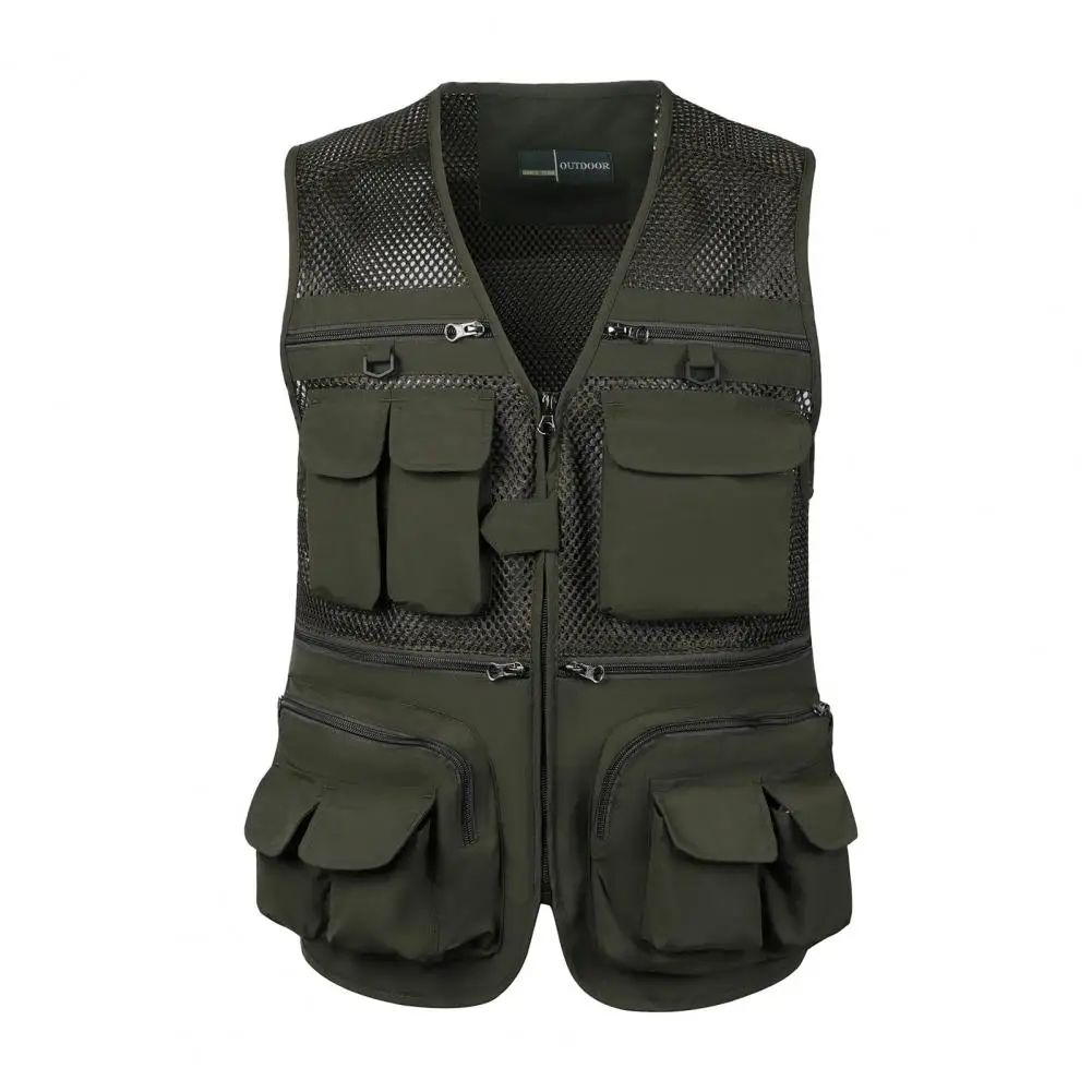 

Men Cargo Waistcoat V-neck Sleeveless Zipper Placket Vest Coat Solid Color Mesh Stitching Multi Pockets Fishing Hiking Waistcoat