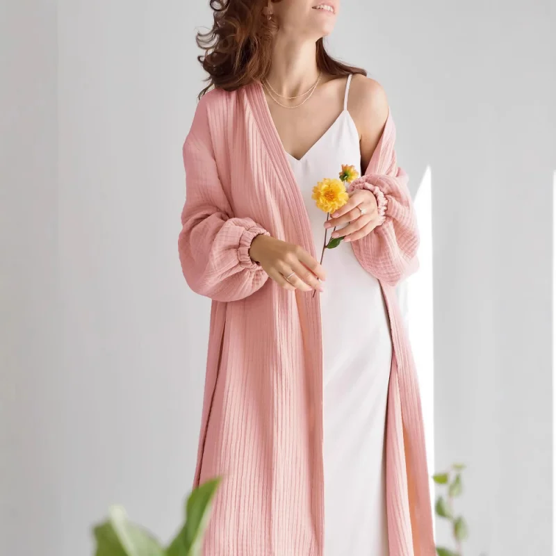 

Double Gauze Bathrobe for Women, 1-Piece Long Soft Cotton Robe, Breathable & Comfortable, Fall Home Loungewear