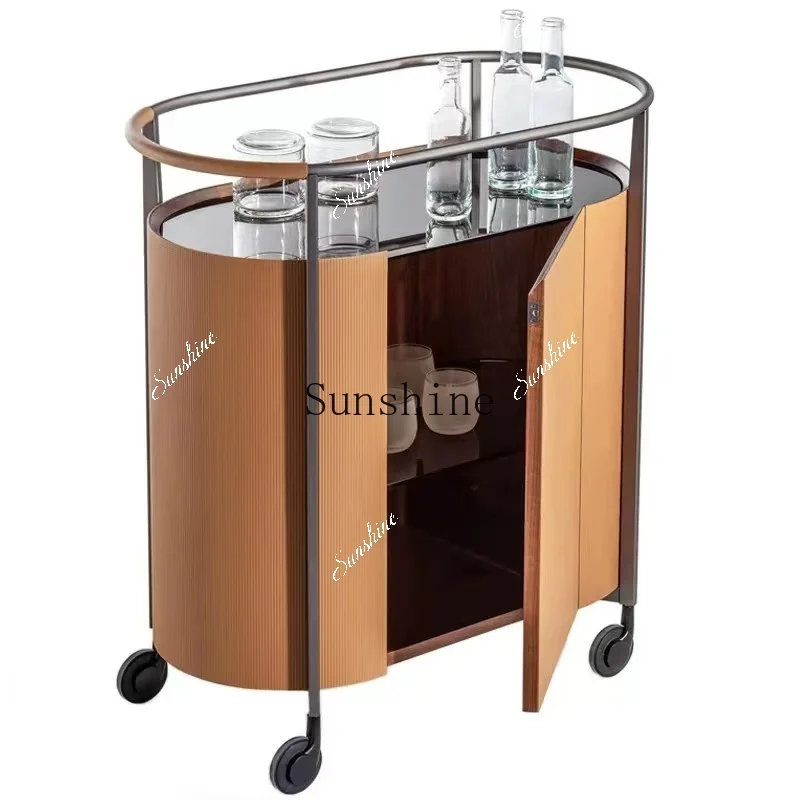 Italian minimalist mobile tea cabinet with roller, meal preparation trolley, tempered glass  FT