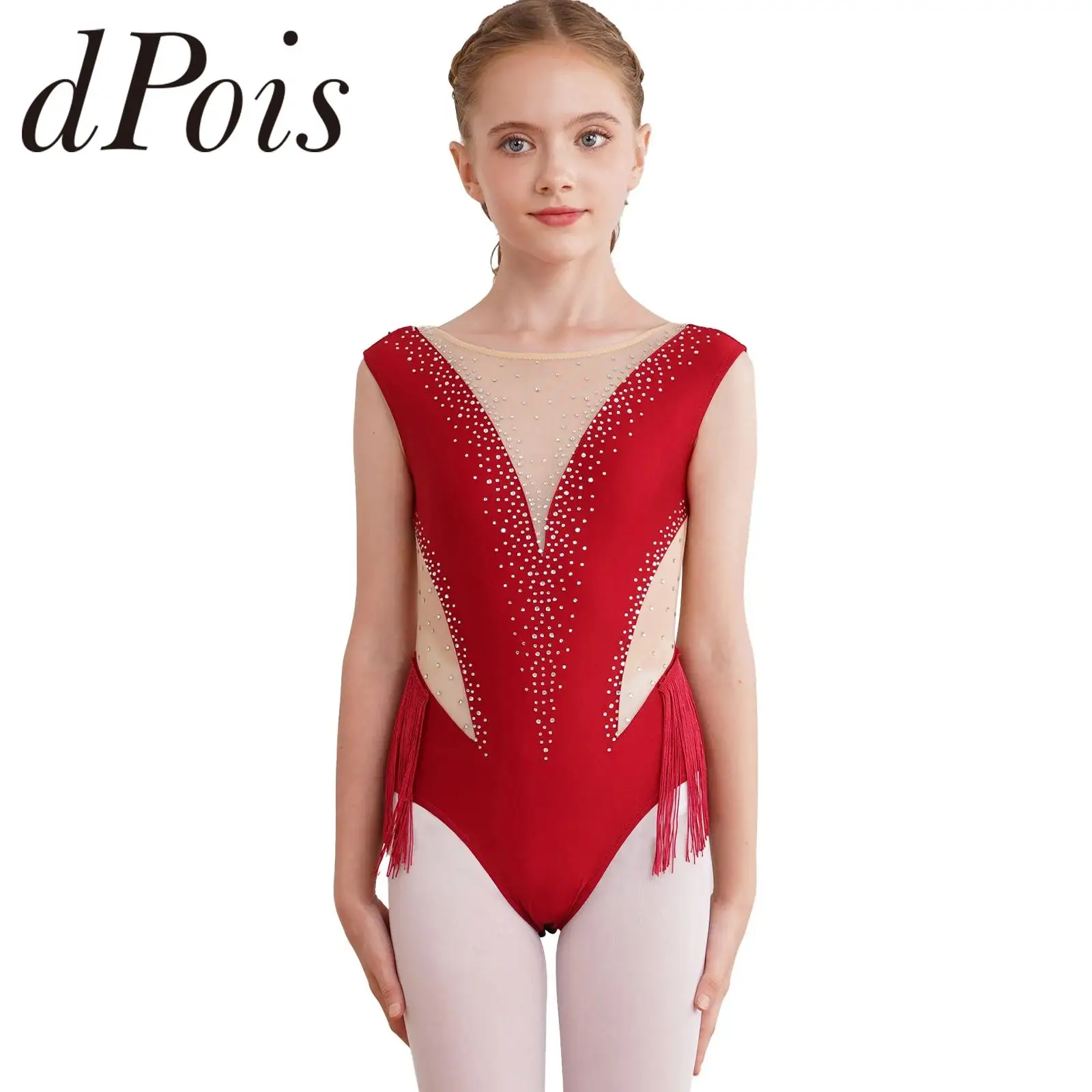 

Children's Latin Dance Leotard Kids Girls Sheer Mesh Tassel Fringed Gymnastics Bodysuit Ballet Clothes Yoga Jumpsuits Dancewear