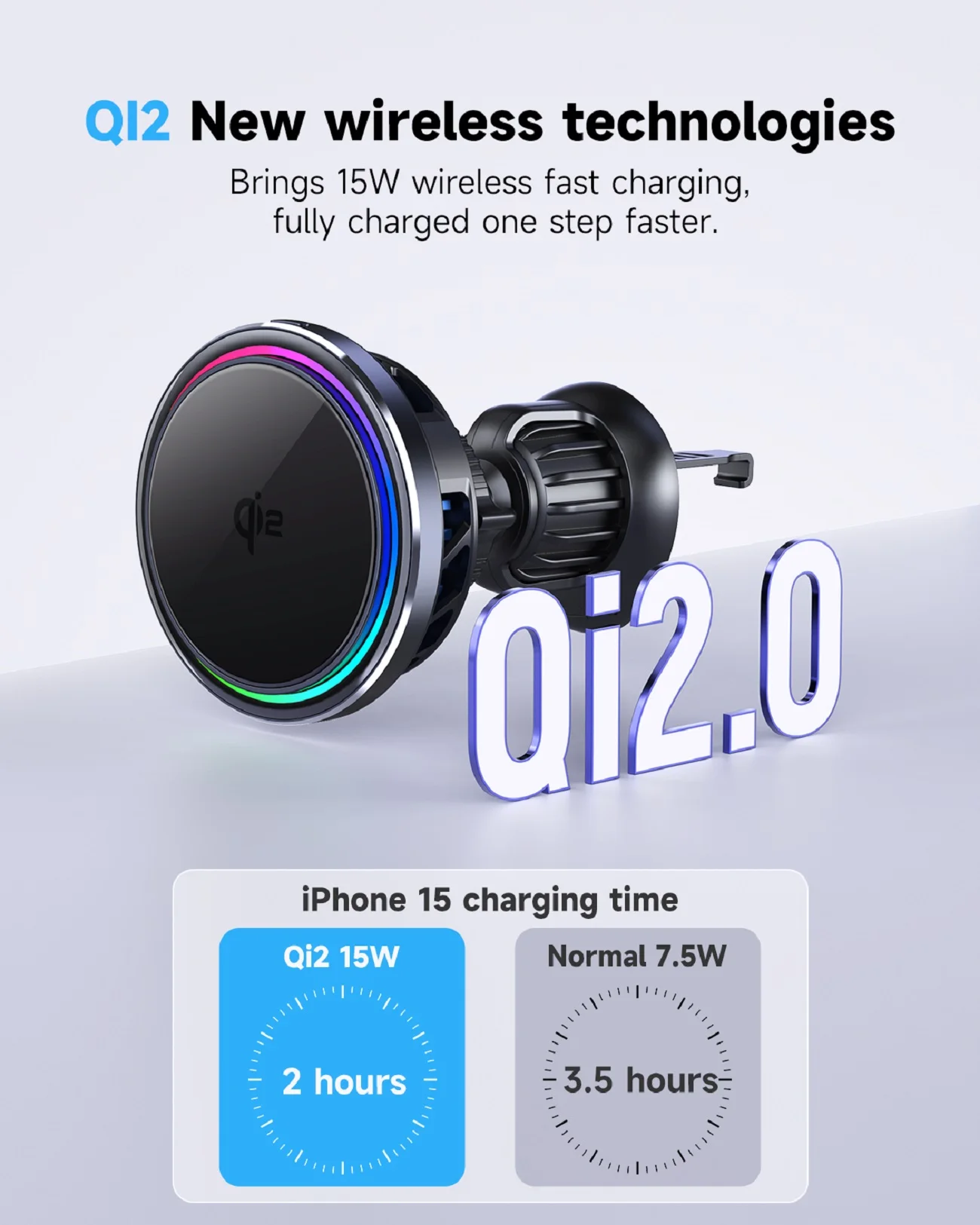 Qi2 Wireless Car Charger , Semiconductor Refrigeration for Fast Charge,  Stable Car Stand for iPhone15  , KC, CE ,FCC