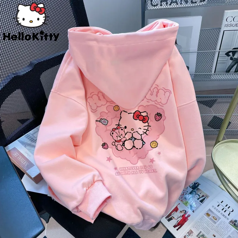 

Толстовка женская с капюшоном Hello Kitty Kawaii Sanrio, новинка, модная осенне-зимняя толстовка, милое пальто для девочек Y2k, преппи, милая одежда, топы 2023