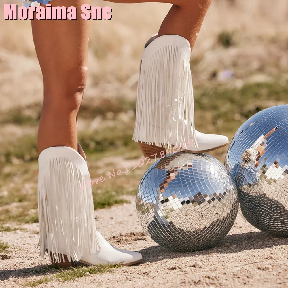 

Pointed Toe Fringe Detailing Mid Calf Boots Block Chunky Heel Slip On Fashion Western Cowgirl Boots White Solid 2026 New Autumn