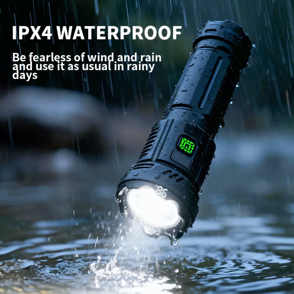 USB-C Rechargeable LED Flashlight Digital Display,High Power Tactical Telescopic Zoom Torch IPX4 Emergency Camping Fishing Lamp