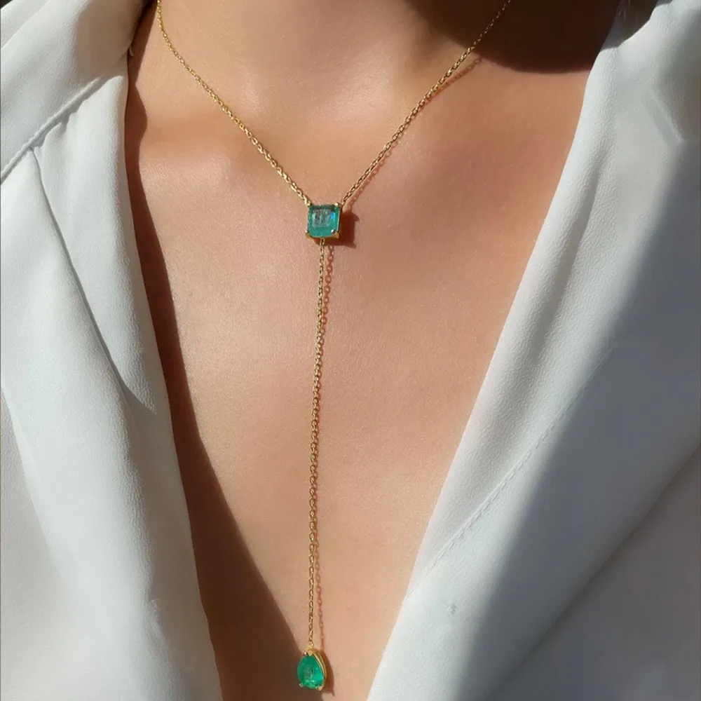 Y Drop Necklace for Women Green Gem Lariat Necklace Sparkly Elegant Chic Glam Minimalist Party Jewelry Gift Box Packaging