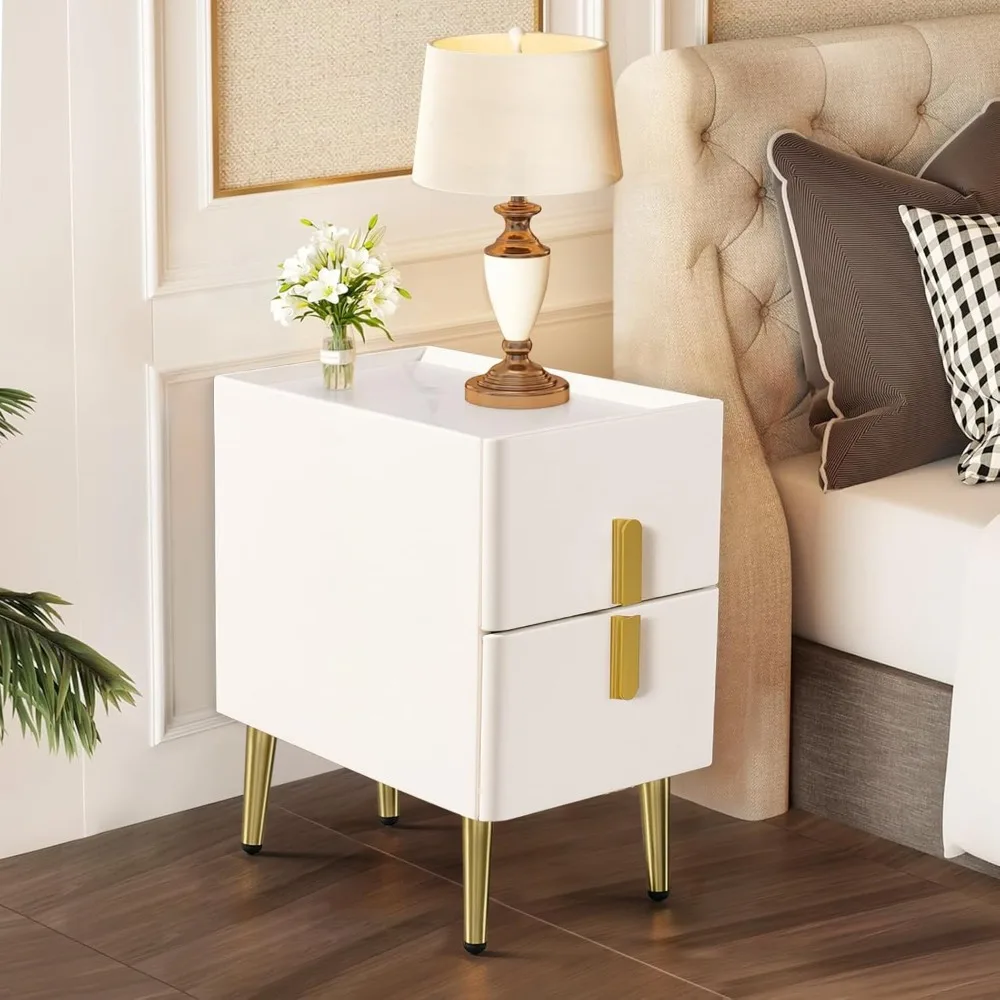 

Modern Narrow Night Stand, Off White Nightstand with 2 Drawer, Beige Bedside Table in Gold Legs for Bedroom