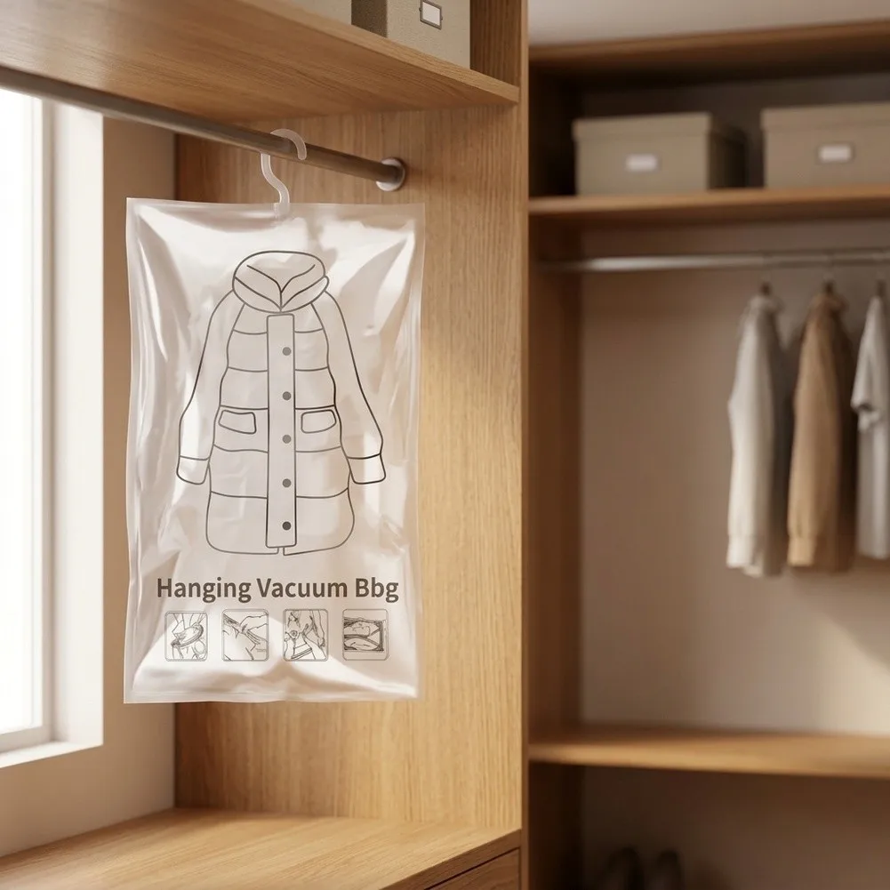 1Pc Reusable Hanging Vacuum Compression Bags With Hanger Air-Tight Turbo Valve Storage For Seasonal Clothes Space Saving