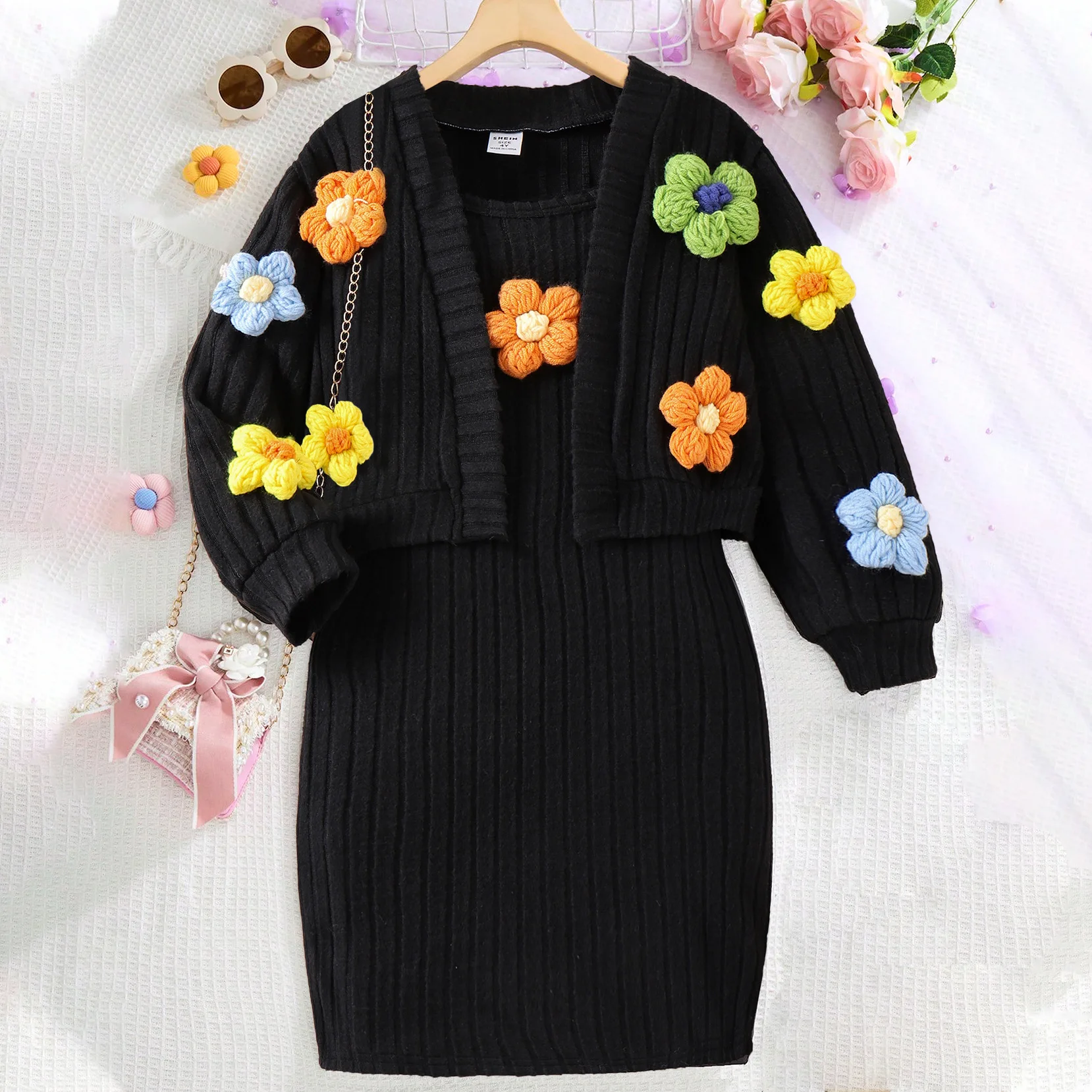 Autumn  winter new small  medium-sized girls foreign three-dimensional flower knitted cardigan long-sleeved black dress set image 5