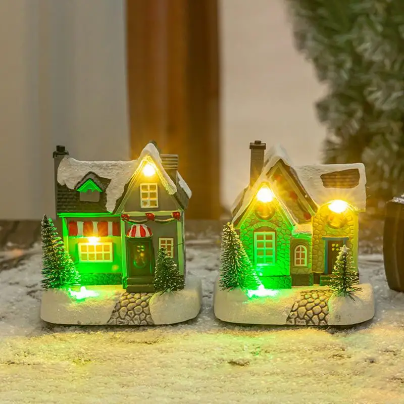 Christmas House Light Decorations Resin Snow House Village Building Statue Home Ornaments New Year 2025 Navidad Party Decor