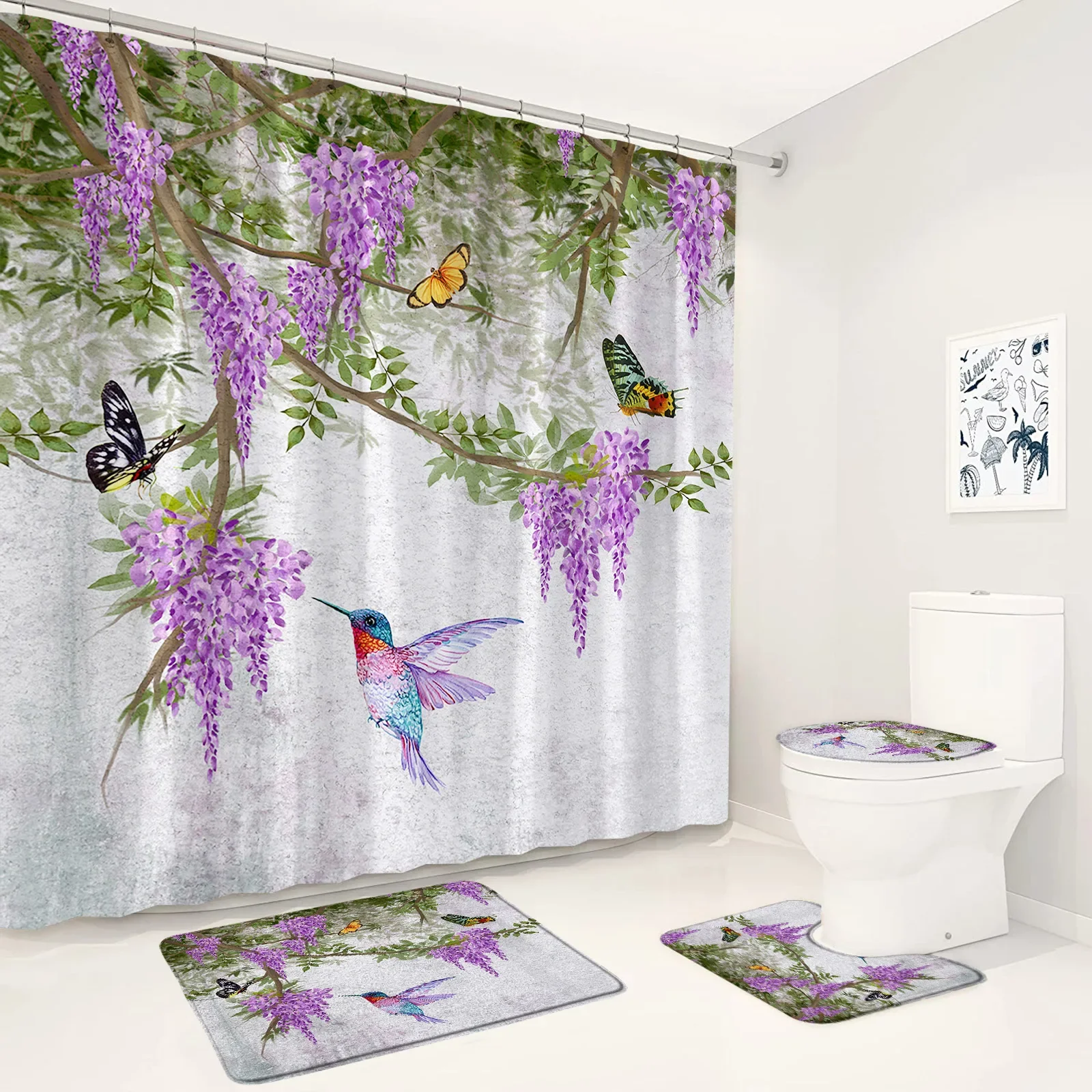 Purple Flowers Shower Curtain Set Plant Butterfly Hummingbirds Spring Scenery Bathroom Decor Non-slip Rug Bath Mats Toilet Lid