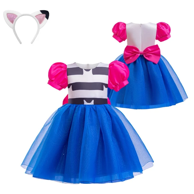 Kids Girls Dollhouse Cosplay Princess Dress Children Puff Sleeve Bow Tulle Dress+Cat Headband For Halloween Birthday Gown