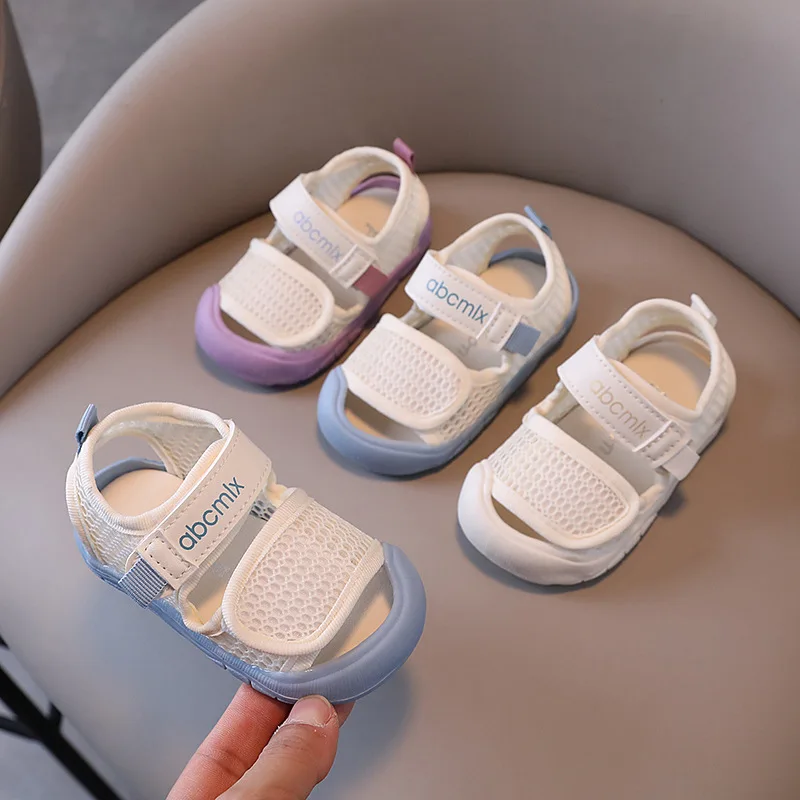 Baby Sandals Summer Outwear Shoes Infant First Walkers Toe Protection Toddler Boys Girls Sandals For Baby Purple, Blue, White