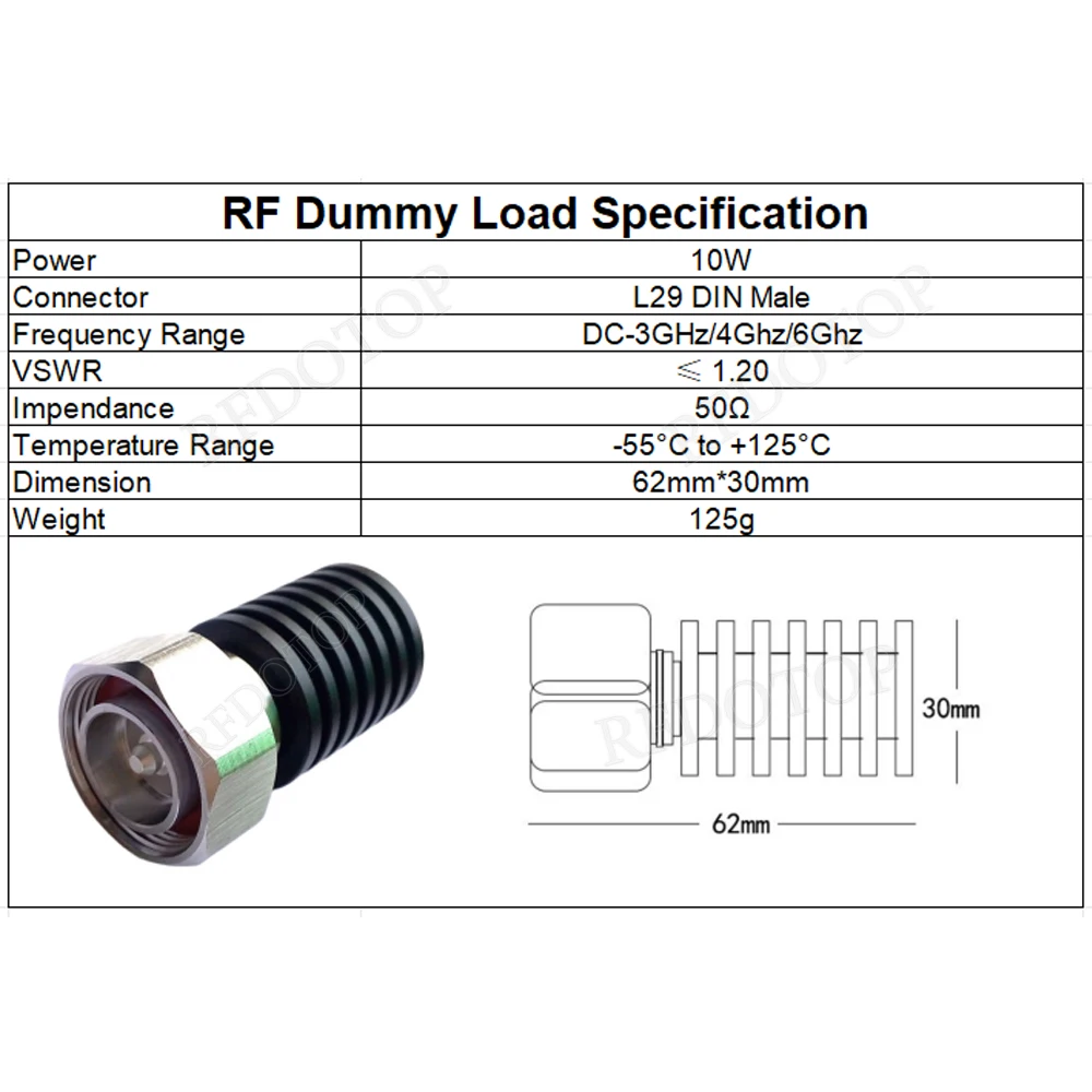 RF 동축 종단 더미 부하 커넥터 소켓, 황동 직선 동축 RF 어댑터, L29 DIN 수 플러그, 10W, 3Ghz, 4Ghz, 6Ghz, 50 Ohm