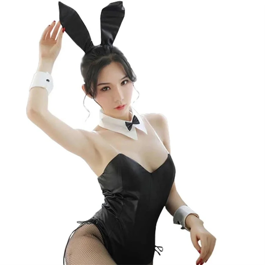 Traje de lencería Sexy para mujer, traje de juego de rol de conejo, conjunto de cuero negro, uniforme exótico de Cosplay