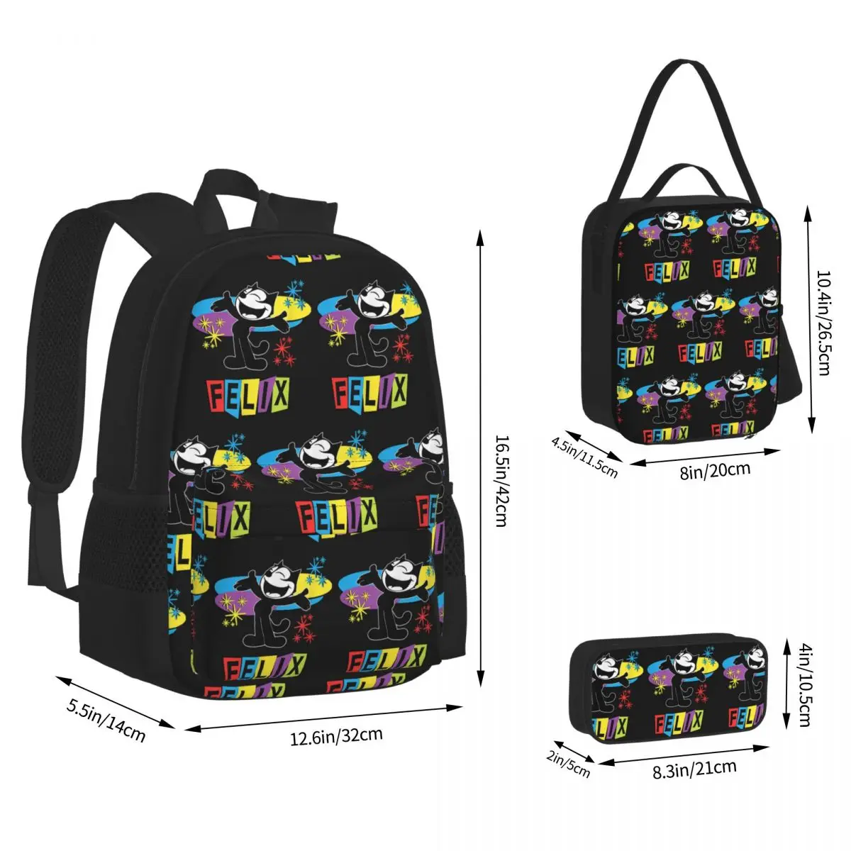 Felix The Cat Cartoon Backpacks Boys Girls Bookbag School Bags Kids Rucksack Lunch Bag Pen Bag Three-Piece Set