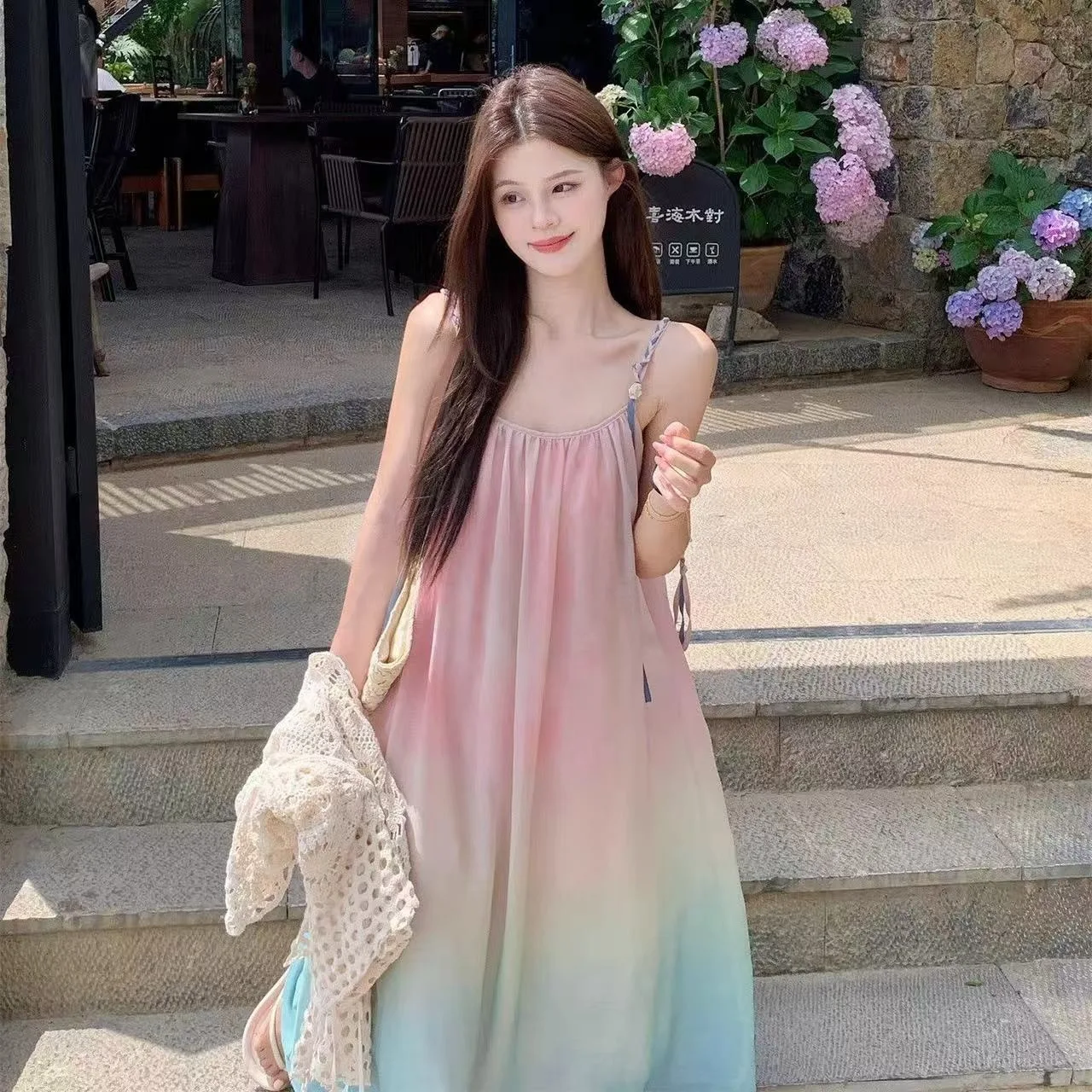 2026 Summer New Chinese Style Women Gradient Dye Slip Dress, Seaside Vacation Loose Dopamine Long Maxi Dress