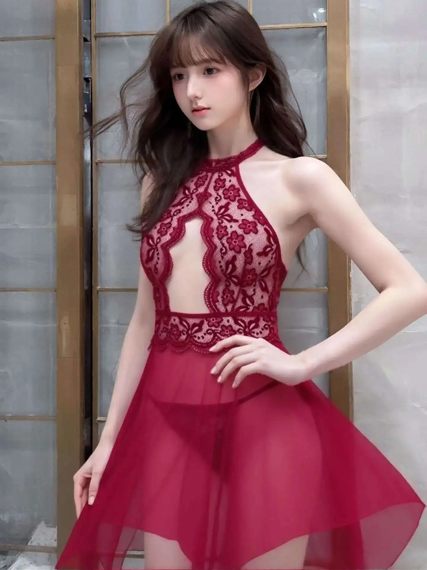 Nuevo vestido de malla de encaje bordado de flores transparente Sexy encantador elegante Casual sin espalda tirantes en V profundo vestido sin mangas 7LW5