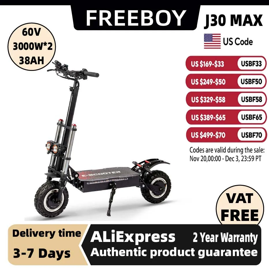 

FREEBOY J30 MAX Adult Electric Scooter 3000W*2 Motor, 60V 38AH Folding E-Scooter 11 Fat Tire E-Mountain Scooter