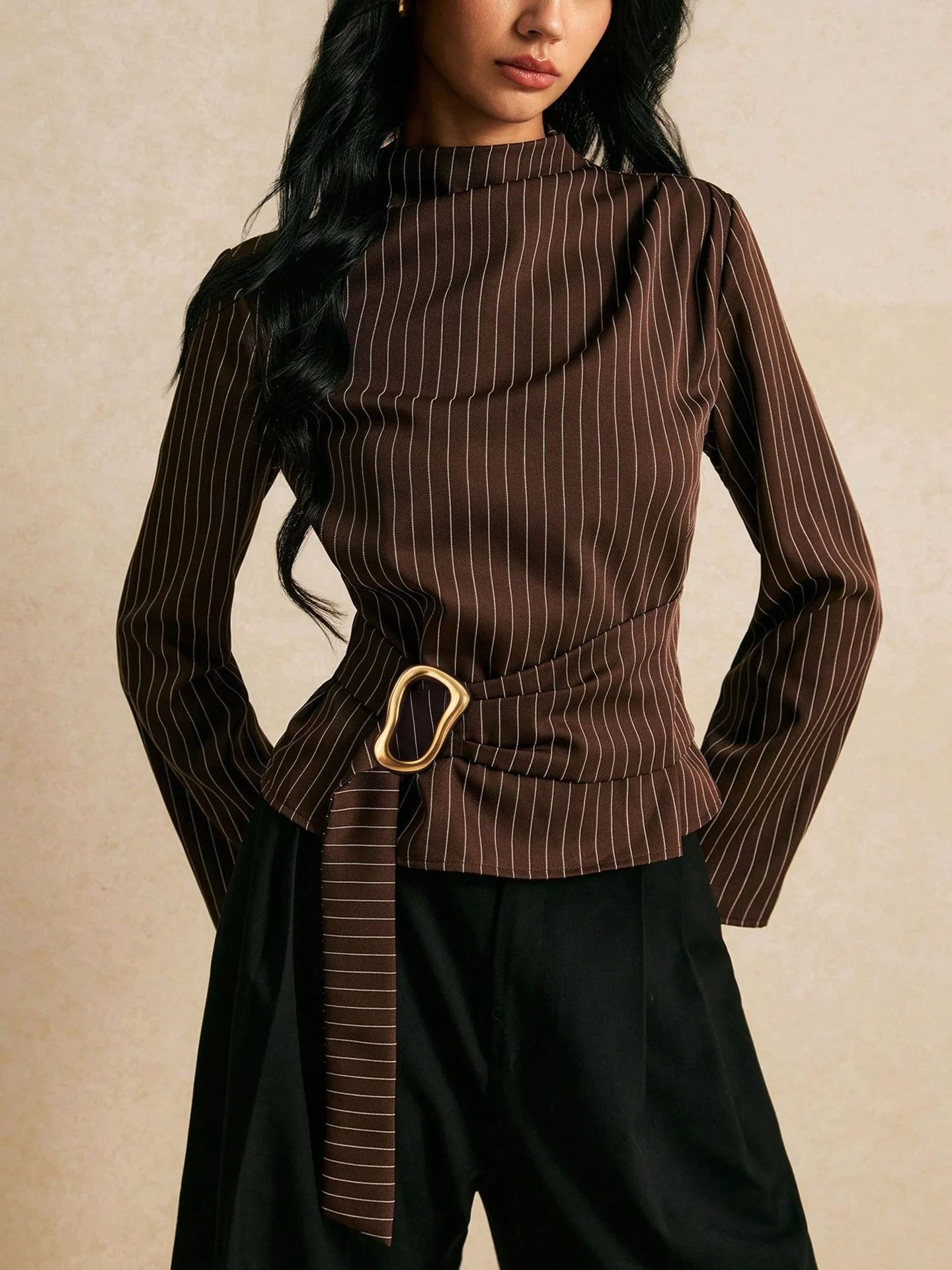 Bell Sleeve Tie Top Regular Length Elegant Chic with Striped Fitted Waist No Stretch Autumn Woven Construction Plaid Women Top