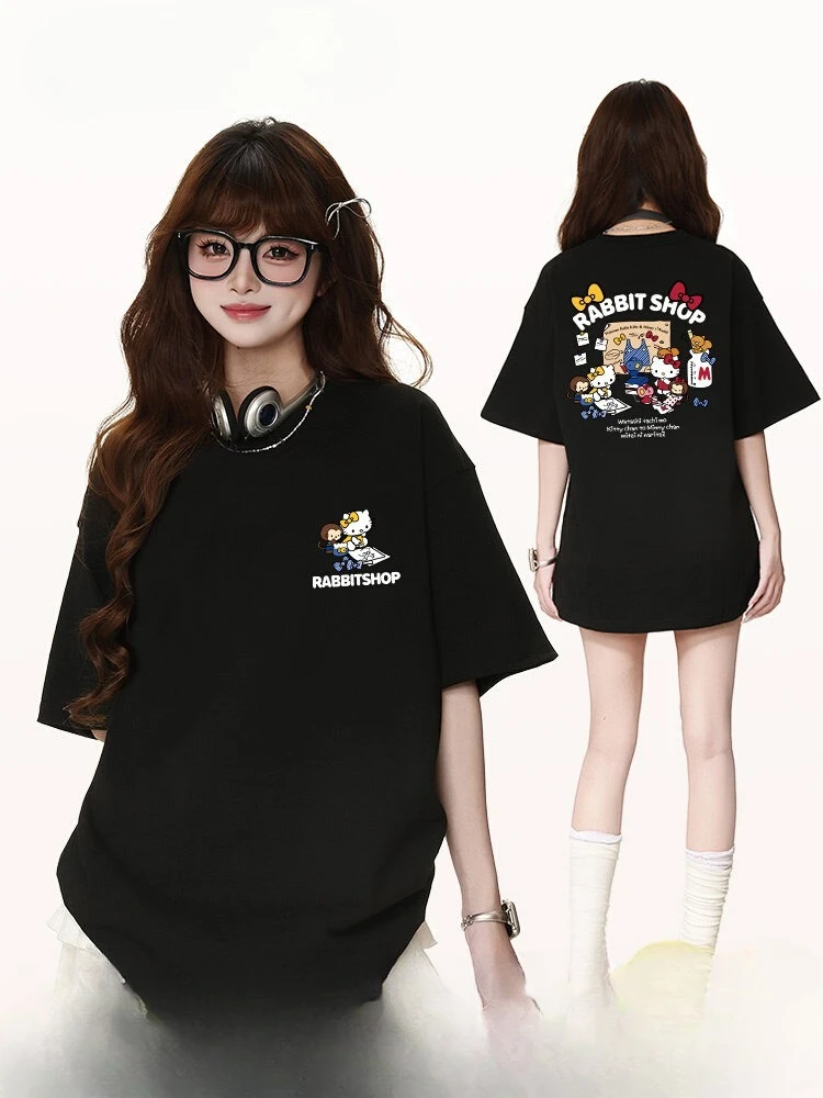 Cartoon Hello Kitty Print Short Sleeve T-Shirt Unisex Cotton Couple Matching Top Casual Daily Tee for Men and Women