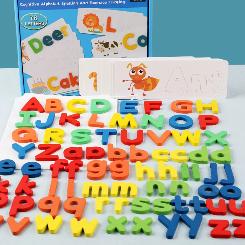 78pcs English Alphabet Wooden Spelling Word Puzzles Games with 28pcs Learning Cards Children Montessori Educational Toys Gifts