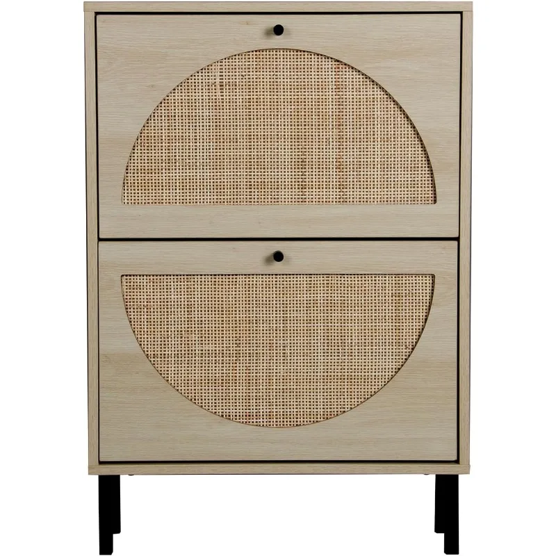 Natural Rattan Shoe Cabinet with 2 Flip Drawers, Entrance Hallway Free Standing Shoe Racks with Metal Legs for Heels, Slippers