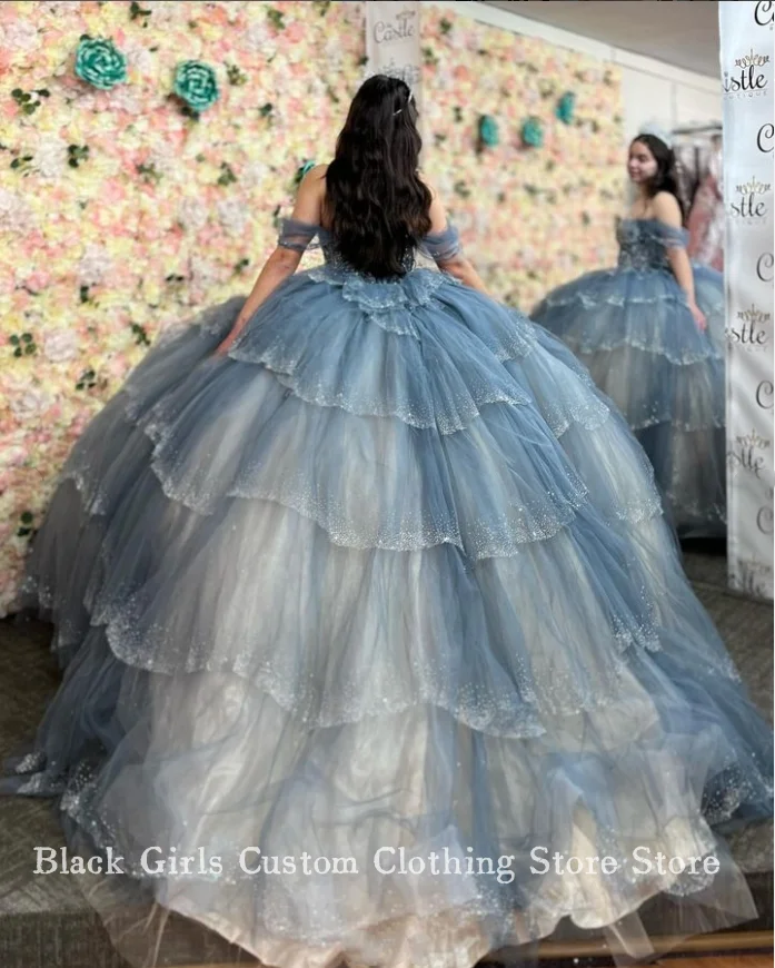 Princesa Azul Prom Quinceanera Vestidos, Espartilho sem alças, Guarnição de renda, Vestido A-Line até o chão, Elegante, Mexicano, 15 Anos