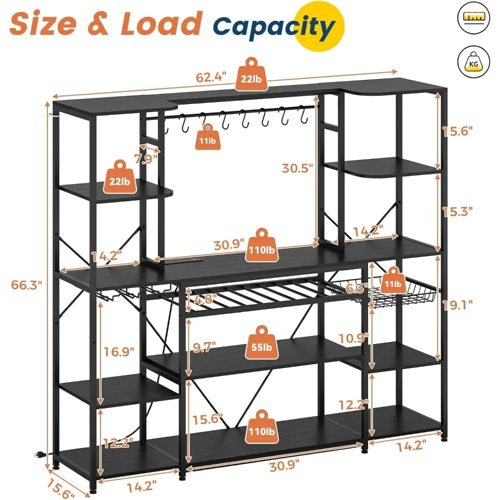 Large Bakers Rack with Power Outlet, 62.4in Wide Kitchen Microwave Stand, Wine Rack, Goblet Holder, 8 Hooks, Wire Baske