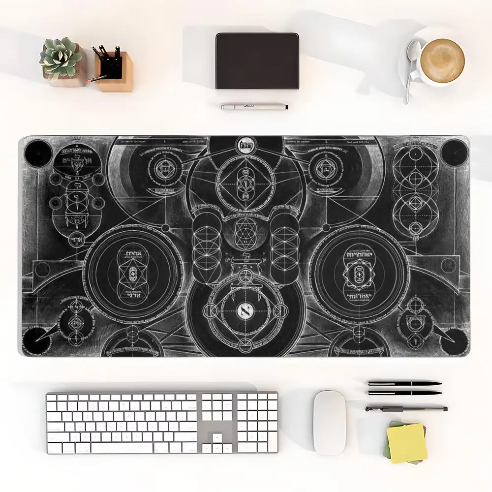 Playmat Black Background Silver Intricate Magic Circle Multi Ring Mysterious Rune Large Size For Laptop Bedroom Learning Mat