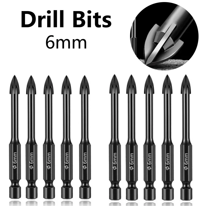 10pcs/Set 6mm Drill Bits Cemented Carbide Cross Hex Tile Glass Ceramic Efficient Universal Diamond Drilling Tool Hole Opener