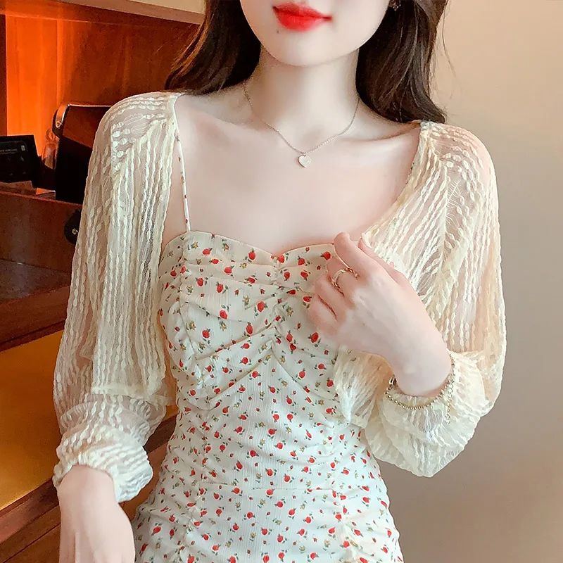 

Женский летний вязаный шифоновый топ с защитой от солнца и юбкой на бретельках, легкий кардиган-накидка для кондиционера, тонкая верхняя одежда