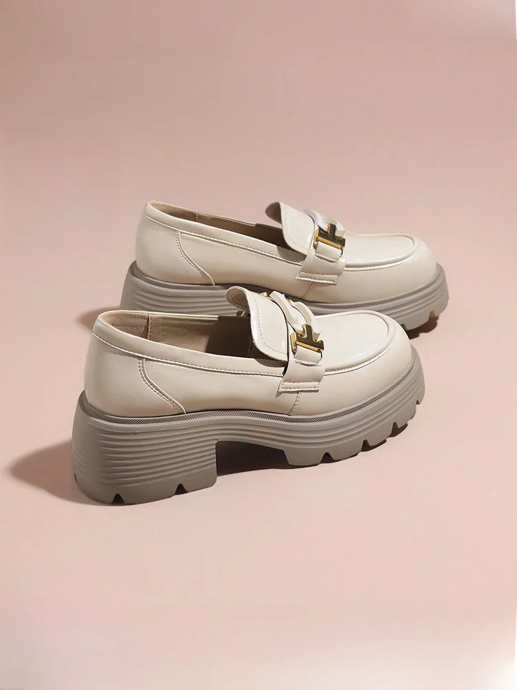 

Red Dragonfly Genuine Leather White Women's Shoes Spring New Thick Bottom Loafers Fashionable Casual round Toe Rubber Sole