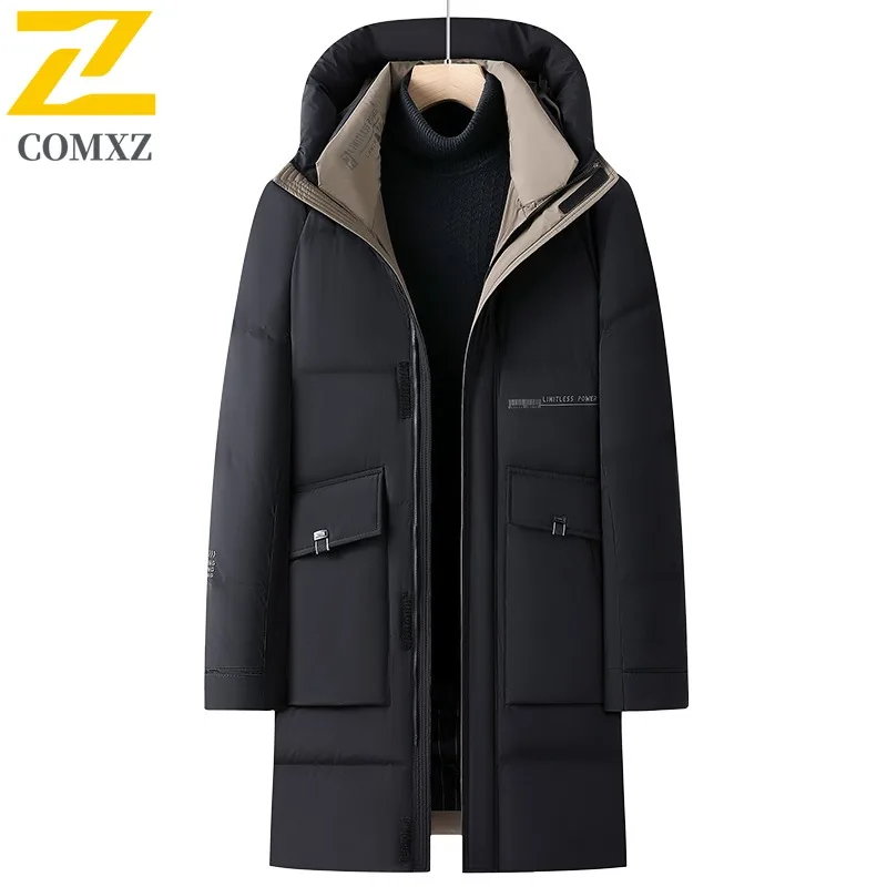COMXZ New Puffer Coat Men Hooded Outdoor Hiking Waterproof Coat Casual Mountaineering Warm Cold Protection Mid Long Garment 2025