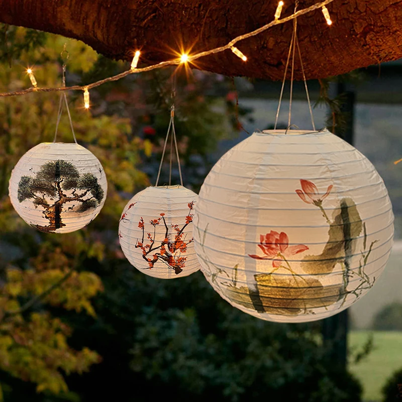 30cm Plum Blossom Pine Round Paper Lantern Chinese Oriental Style Antique Hanging Lanterns  Wedding Party Decoration For Home